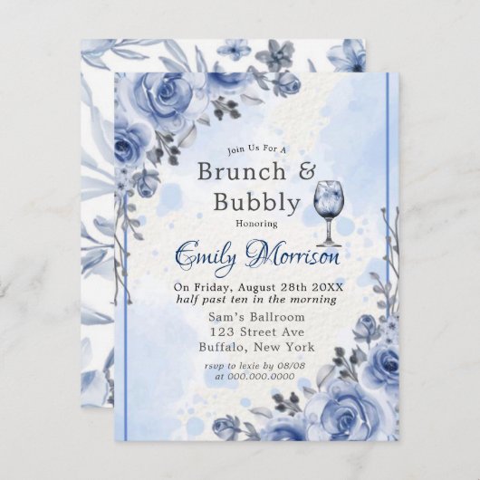 Dusty Blue Gray Peony Brunch & Bubble Invitation Kaart (Voorkant / Achterkant)