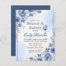 Dusty Blue Gray Peony Brunch & Bubble Invitation