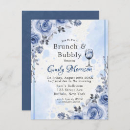 Dusty Blue Gray Peony Brunch & Bubble Invitation Kaart