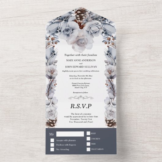 Dusty blue gray winterse roos dennenappelbruiloft all in one uitnodiging (Binnen)
