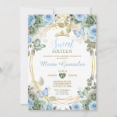 Dusty Blue & Green Floral Butterfly Sweet Sixteen Kaart (Voorkant)