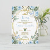 Dusty Blue & Green Floral Butterfly Sweet Sixteen Kaart (Staand voorkant)