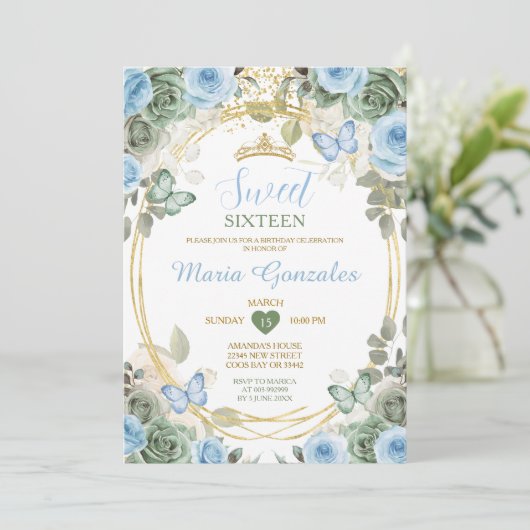 Dusty Blue & Green Floral Butterfly Sweet Sixteen Kaart (Staand voorkant)