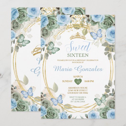 Dusty Blue & Green Floral Butterfly Sweet Sixteen Kaart (Voorkant / Achterkant)