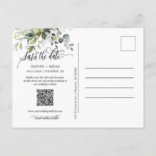 Dusty Blue Green Leaves QR Code Bewaar de datum Aankondigingskaart (Achterkant)