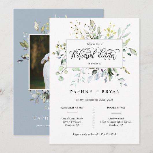 Dusty Blue Green Leaves repetitie diner foto Kaart (Voorkant / Achterkant)