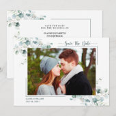 Dusty Blue Green Leaves Wedding Save the Date (Voorkant / Achterkant)