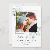 Dusty Blue Green Leaves Wedding Save the Date (Voorkant)