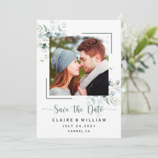 Dusty Blue Green Leaves Wedding Save the Date (Staand voorkant)