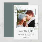 Dusty Blue Green Leaves Wedding Save the Date (Voorkant / Achterkant)