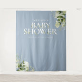 Dusty Blue Greenery Baby shower Foto achtergrond Wandkleed (Voorkant)