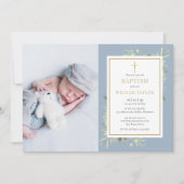 Dusty Blue Greenery Baptism Christening Foto Kaart (Voorkant)