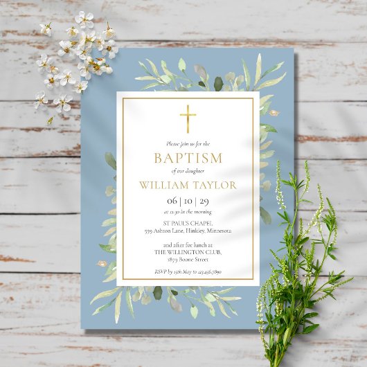 Dusty Blue Greenery Baptism Christening Uitnodiging Briefkaart