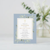 Dusty Blue Greenery Baptism Christening Uitnodiging Briefkaart (Staand voorkant)