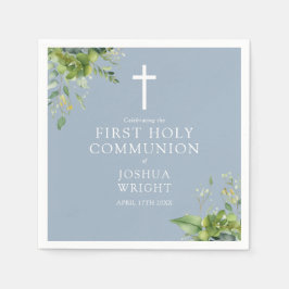 Dusty Blue Greenery Bloemen Eerste Heilige Communi Servet