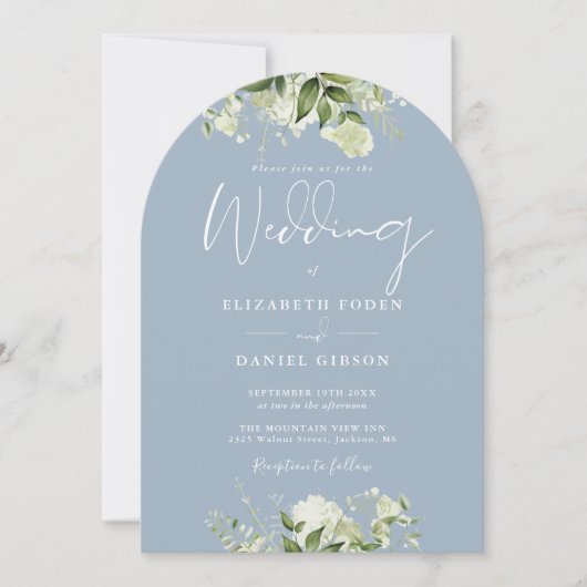 Dusty Blue Greenery Bloemen Monogram Trouwboog Kaart (Voorkant)