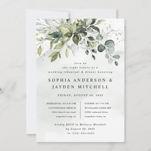 Dusty Blue Greenery Boho Wedding Rehearsal Dinner Kaart (Voorkant)