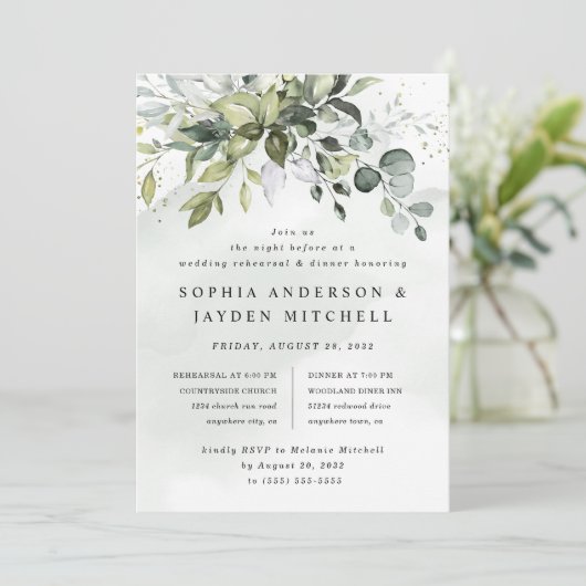Dusty Blue Greenery Boho Wedding Rehearsal Dinner Kaart (Staand voorkant)