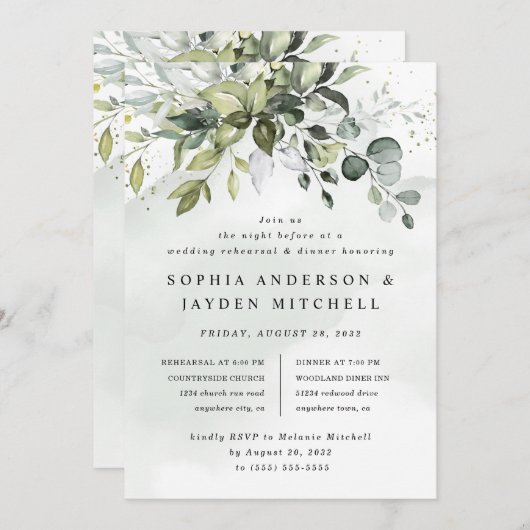 Dusty Blue Greenery Boho Wedding Rehearsal Dinner Kaart (Voorkant / Achterkant)