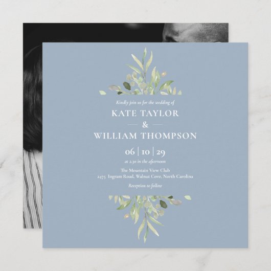 Dusty Blue Greenery Botanical Photo Wedding Kaart (Voorkant / Achterkant)