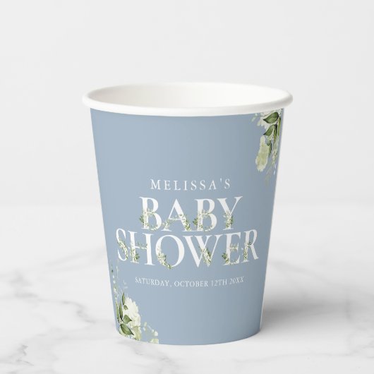 Dusty Blue Greenery Boy Baby shower Papieren Bekers (Achterkant)