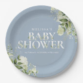 Dusty Blue Greenery Boy Baby shower Papieren Bordje (Voorkant)