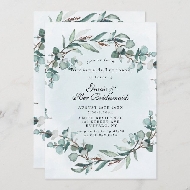 Dusty Blue Greenery Bridesmaids Luncheon Invites (Voorkant / Achterkant)