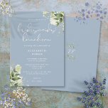 Dusty Blue Greenery Bruidsmeisjes Luncheon Kaart<br><div class="desc">Deze elegante stoffige blauwe botanische groen laat bruidsmeisje lunchuitnodiging kan worden gepersonaliseerd met uw informatie in chique typografie met uw monogram initialen op de achterkant. Ontworpen door Thisnotme©</div>