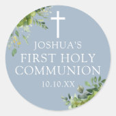 Dusty Blue Greenery Eerste Heilige Communie gunst Ronde Sticker (Voorkant)