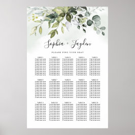 Dusty Blue Greenery Elegant Wedding Seding Chart Poster