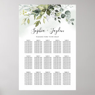 Dusty Blue Greenery Elegant Wedding Seding Chart Poster