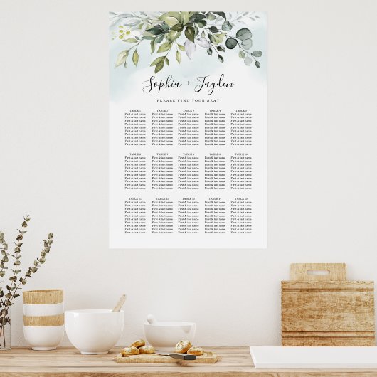 Dusty Blue Greenery Elegant Wedding Seding Chart Poster (Keuken)