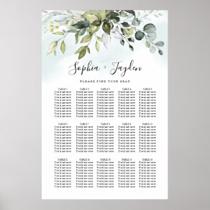 Dusty Blue Greenery Elegant Wedding Seding Chart Poster