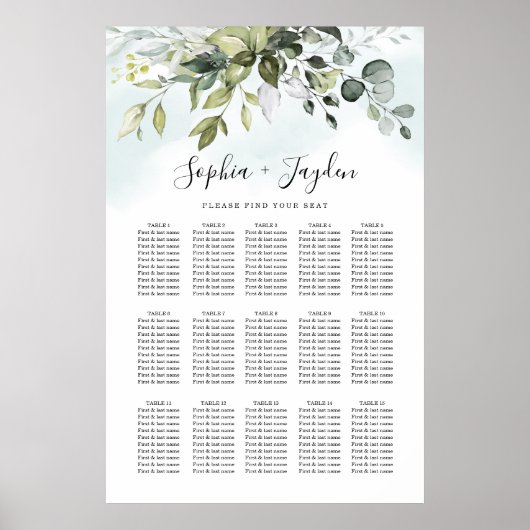 Dusty Blue Greenery Elegant Wedding Seding Chart Poster (Voorkant)