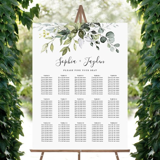 Dusty Blue Greenery Elegant Wedding Seding Chart Poster