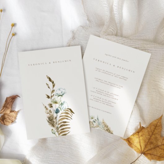 Dusty Blue Greenery en Dried Pampas Grass Wedding Kaart