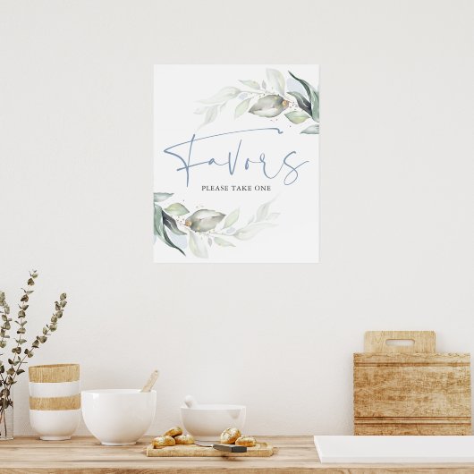 Dusty Blue Greenery en Gold Leaves Favors Sign Poster (Keuken)