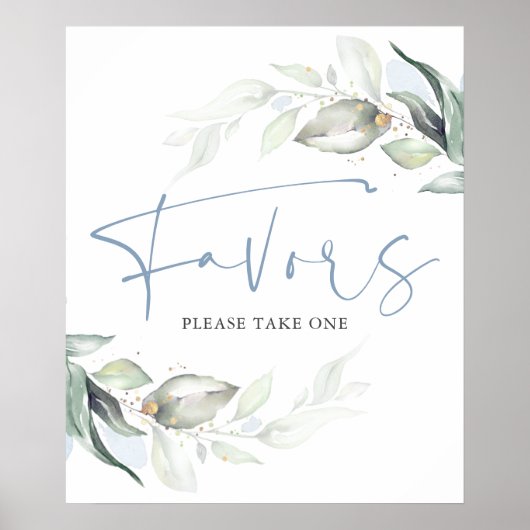 Dusty Blue Greenery en Gold Leaves Favors Sign Poster (Voorkant)