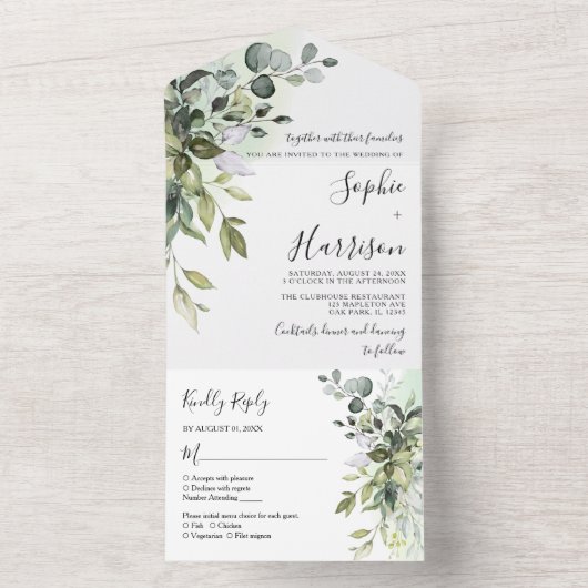 Dusty Blue Greenery Eucalyptus bruiloft alles in é All In One Uitnodiging (Binnen)