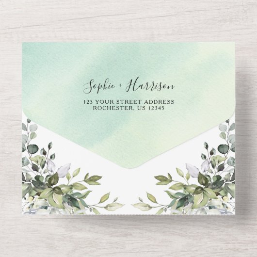 Dusty Blue Greenery Eucalyptus bruiloft alles in é All In One Uitnodiging (Achterkant)