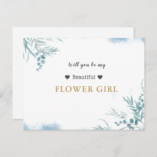 Dusty Blue Greenery Eucalyptus Leaves Bloemenmeisj Uitnodiging Briefkaart (Voorkant / Achterkant)