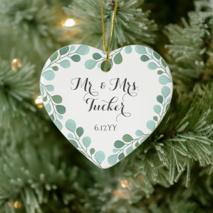 Dusty Blue Greenery Eucalyptus Mr. & Mrs Foto Keramisch Ornament