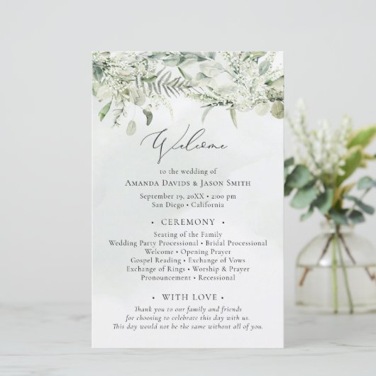 Dusty Blue Greenery Eucalyptus Wedding Programme (Staand voorkant)