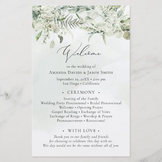 Dusty Blue Greenery Eucalyptus Wedding Programme (Voorkant)