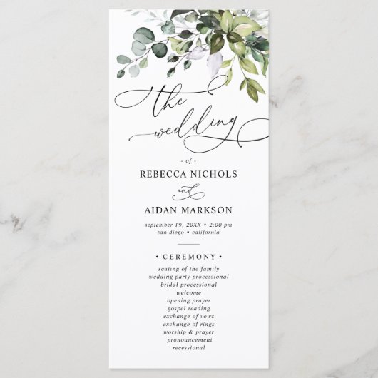 Dusty Blue Greenery Eucalyptus Wedding Programme Menu (Voorkant)