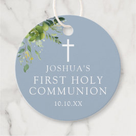 Dusty Blue Greenery First Heilige Communie Bedankjes Labels