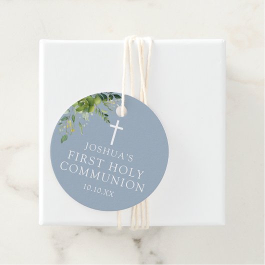 Dusty Blue Greenery First Heilige Communie Bedankjes Labels (In situ)