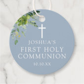 Dusty Blue Greenery First Heilige Communie Bedankjes Labels (Voorkant)