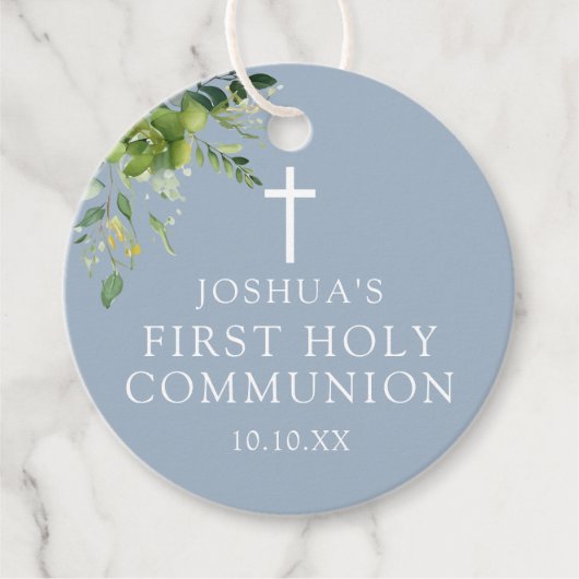 Dusty Blue Greenery First Heilige Communie Bedankjes Labels (Voorkant)