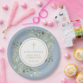 Dusty Blue Greenery First Heilige Communie Papieren Bordje (Feest)